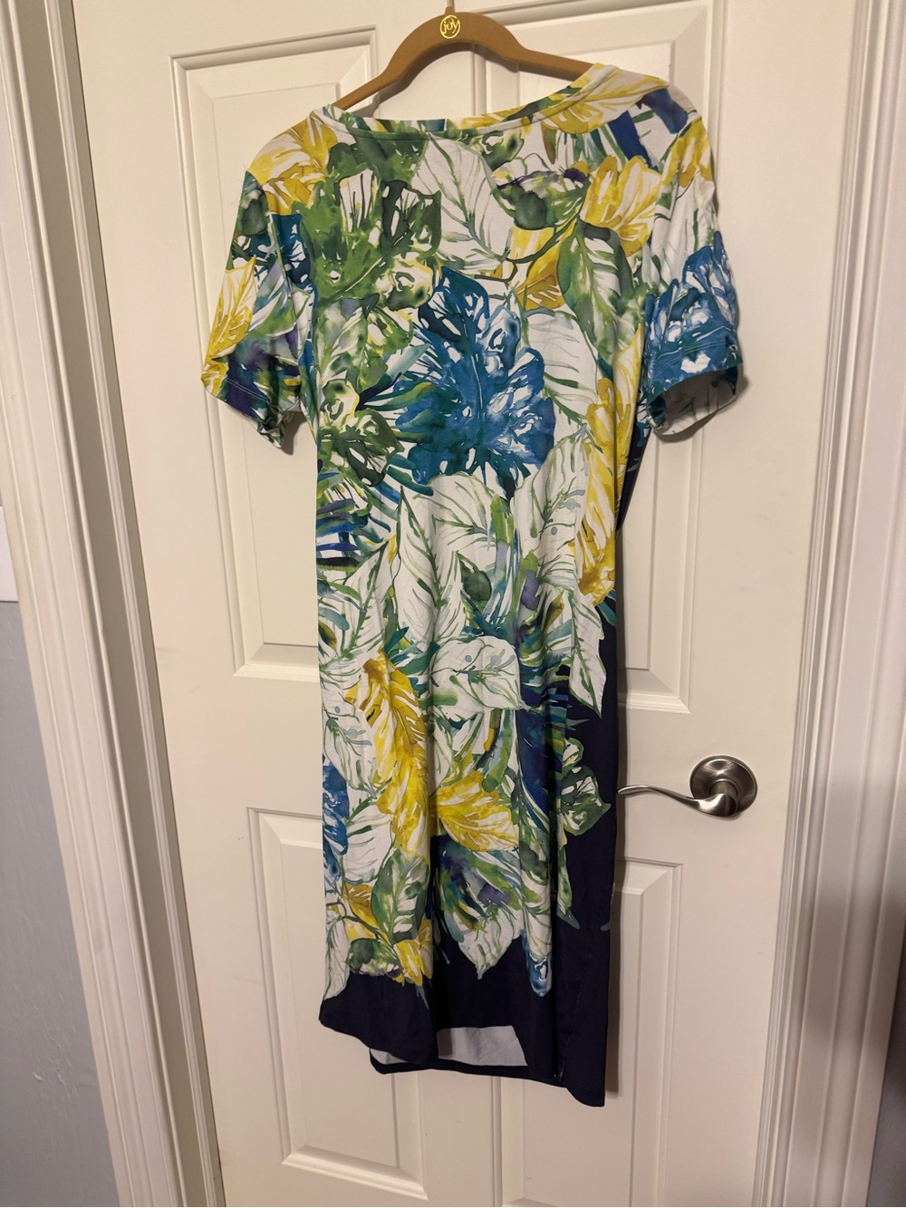 Chico's Twist-Front Tropical Floral Dress - Blue Yellow Midi Sz 1 (Small) - Picture 9 of 11